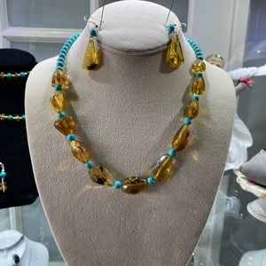 Amber Gemstone with Turquoise Gemstone Necklace